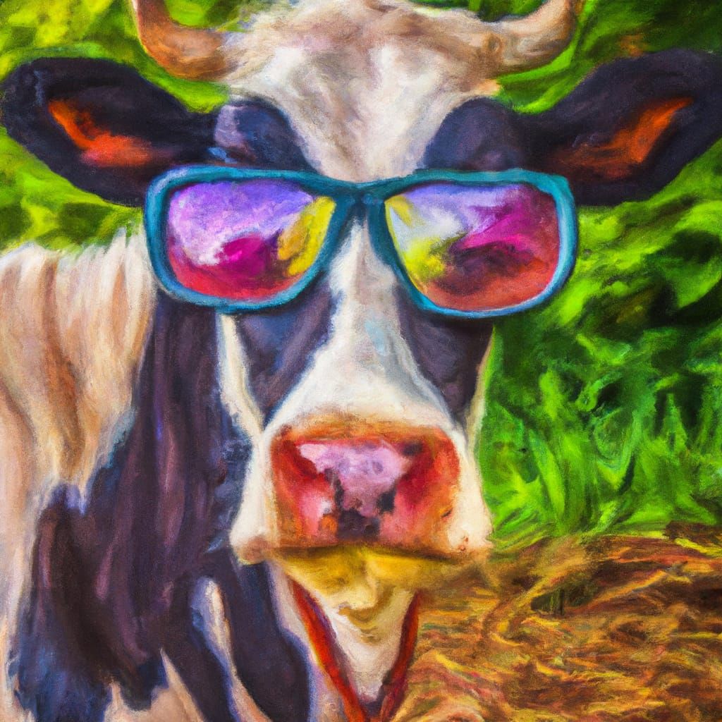 spotted cow looking at camera with glasses with bright color...