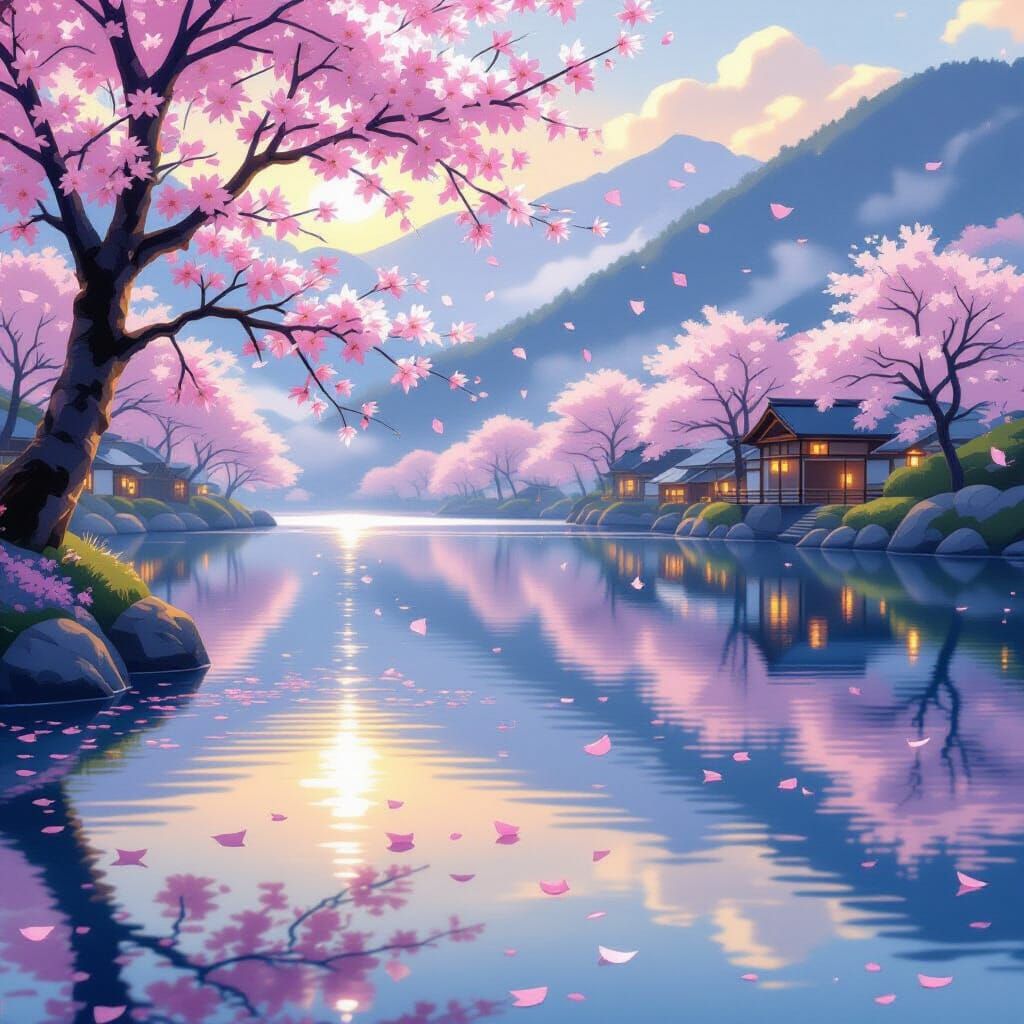 Sakura Blossoms on Tranquil Lake at Golden Hour