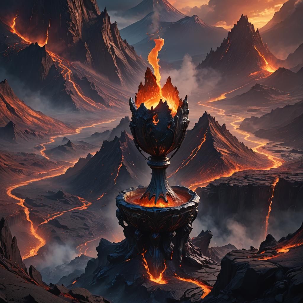 Glowing Chalice Reflects Fiery Volcano in Fantasy Art