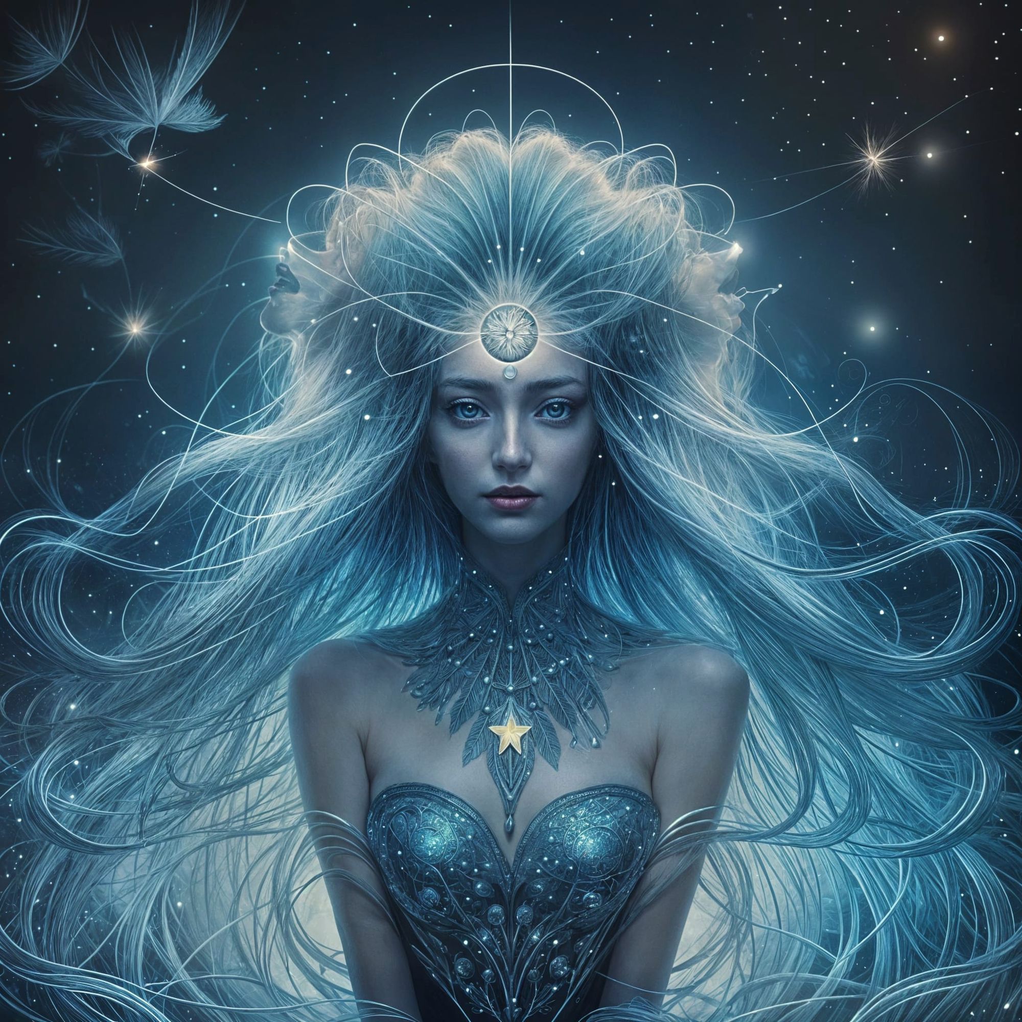 Dada styled Surrealism. A woman with flowing, starlit hair standing at the edge of a vast, mirrored ocean under a sky filled with clockwork ...