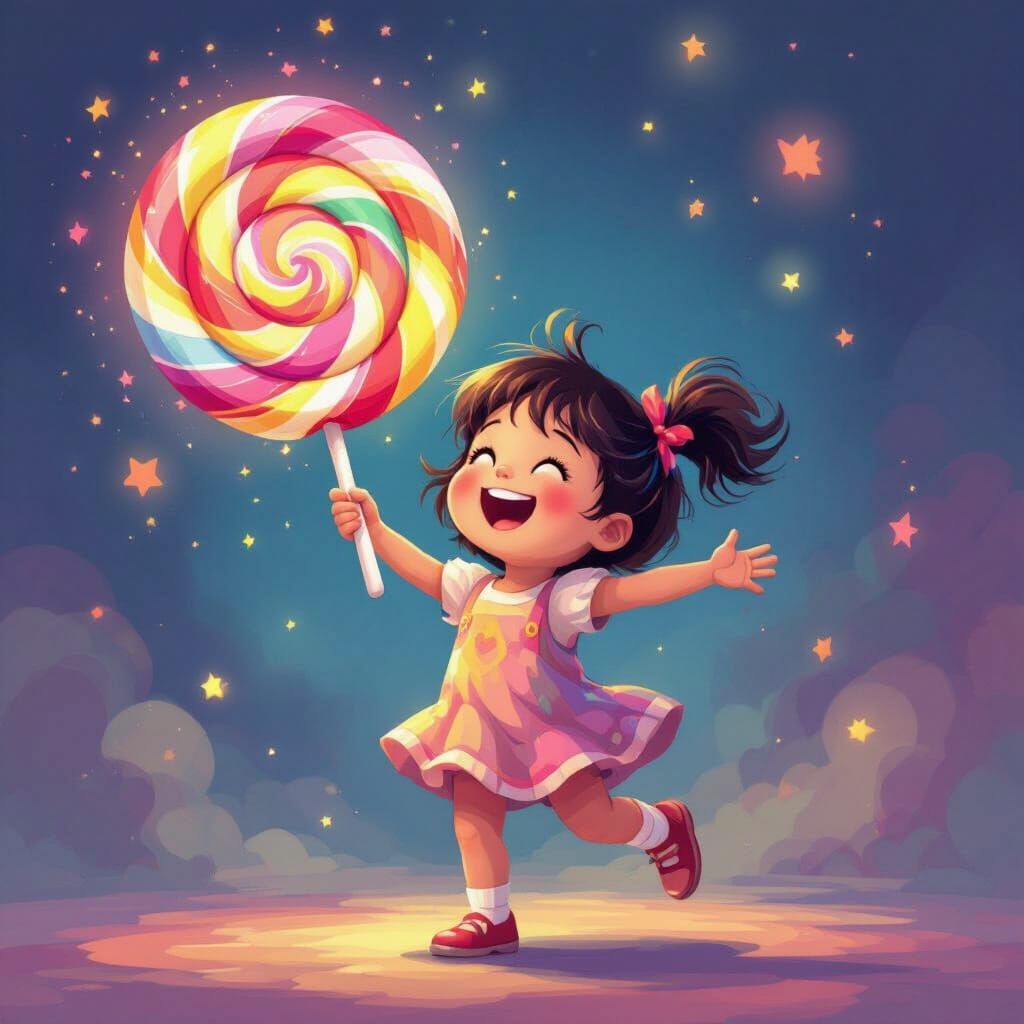 Happy Child Dancing with Giant Lollipop in Magical Colors