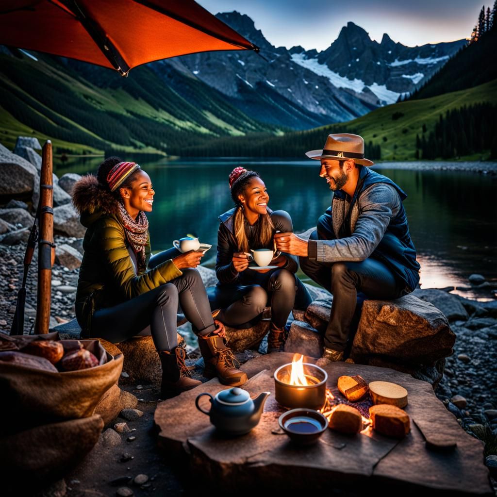 Couple at Campfire in Mountain Landscape