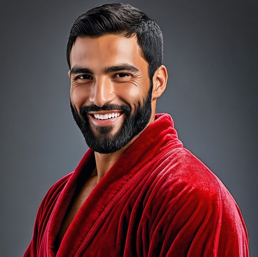 A lovely bearded man   wearing a    red    bathrobe
