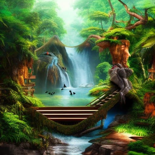 thailand jungle waterfall with wooden stairs to nowhere and ...
