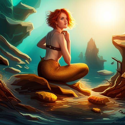 Orange haired Mermaid guarding treasure