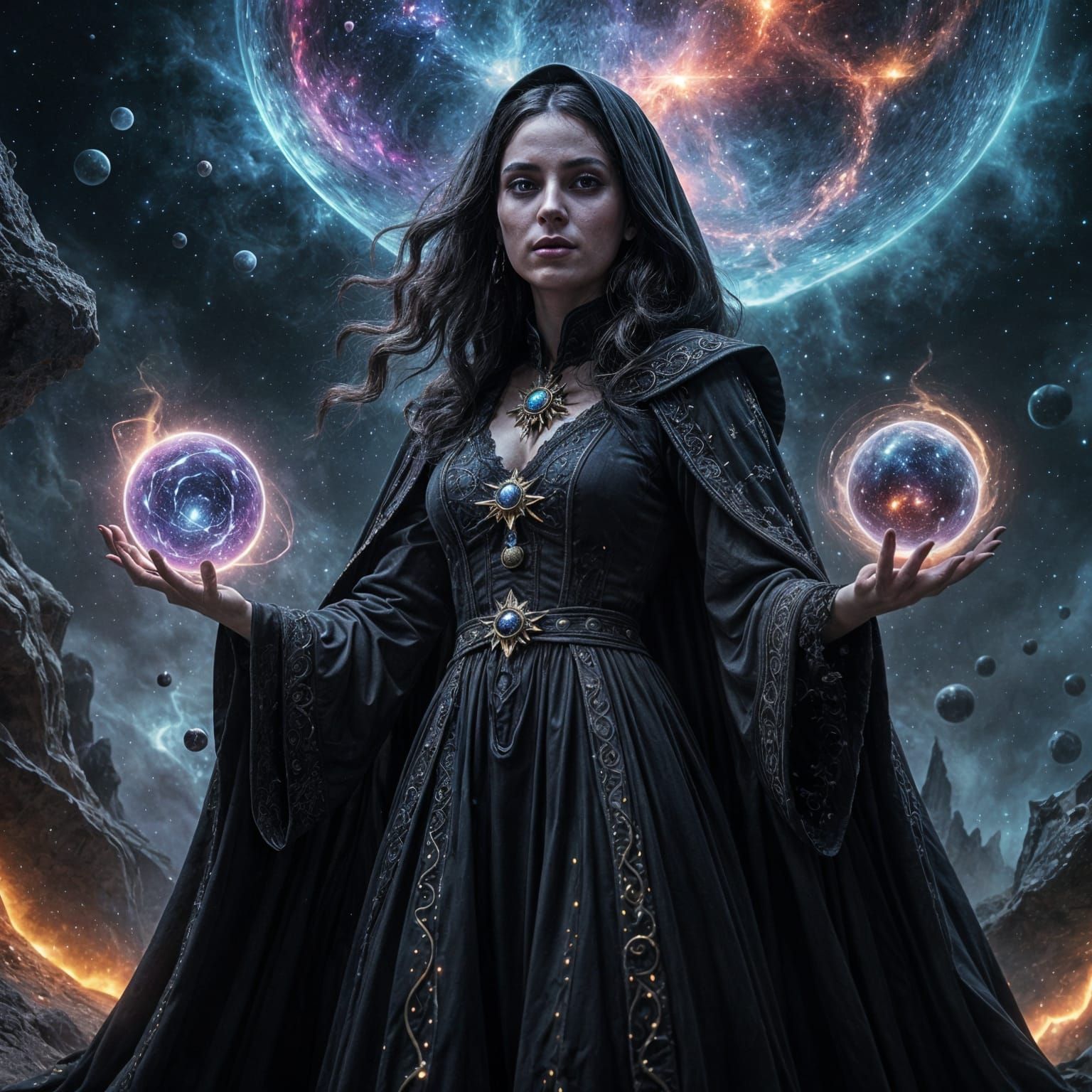 Full shot. A mesmerizing realistic gothic style space witch conjuring cosmic energies in a nebula. Light orbs dancing, wearing celestial rob...