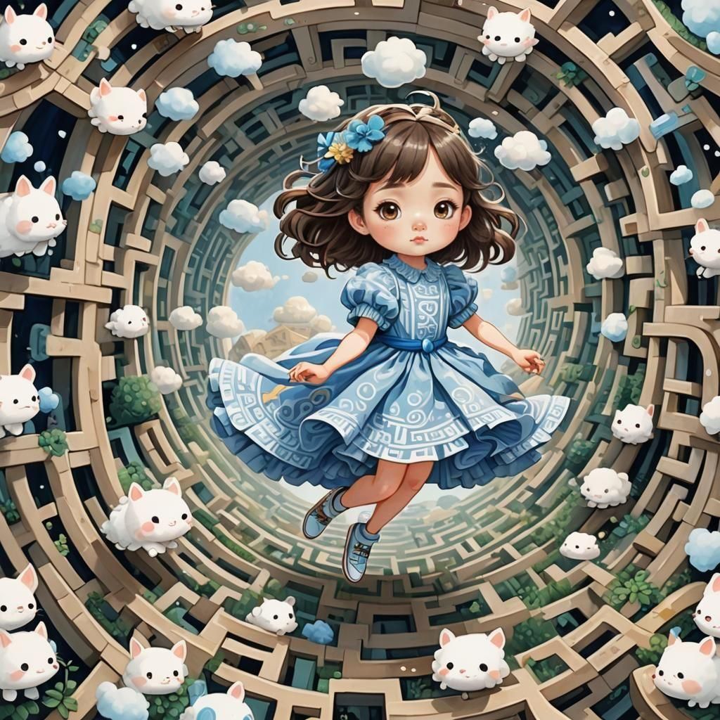 Chibi Levitating in Whimsical Cloud Maze