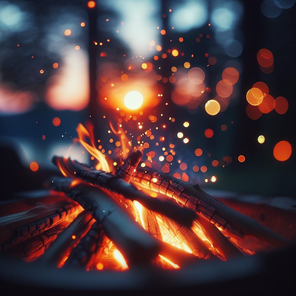 Campfire dancing tiny Ambers of ash floating away very cozy looking