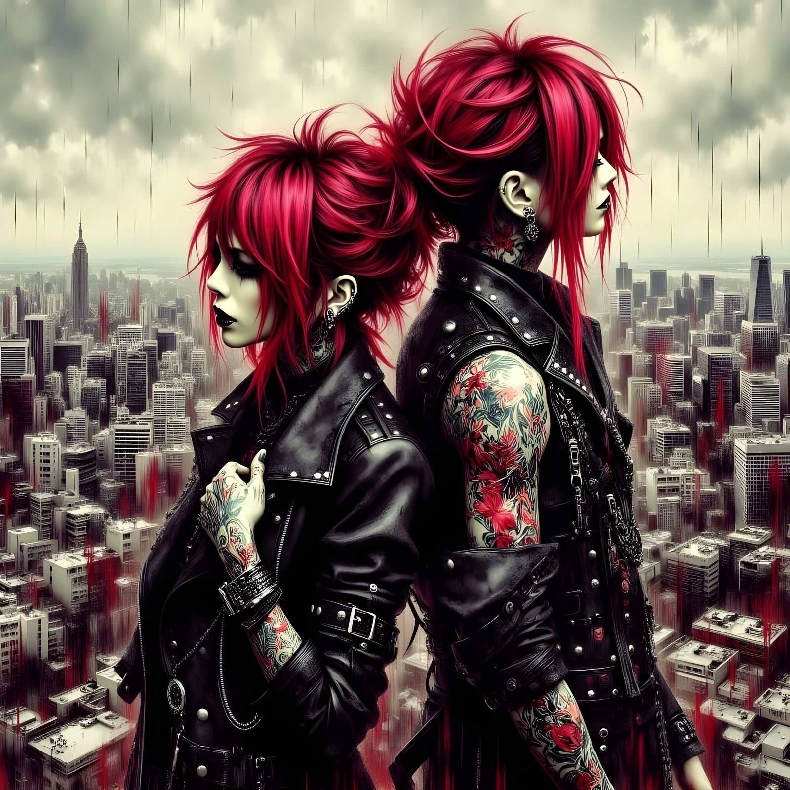 <lora:VisualKei:1.0> strong painty textures, colorful painting of a beautiful, dramatic redhead Visual Kei male and female contemplating ove...