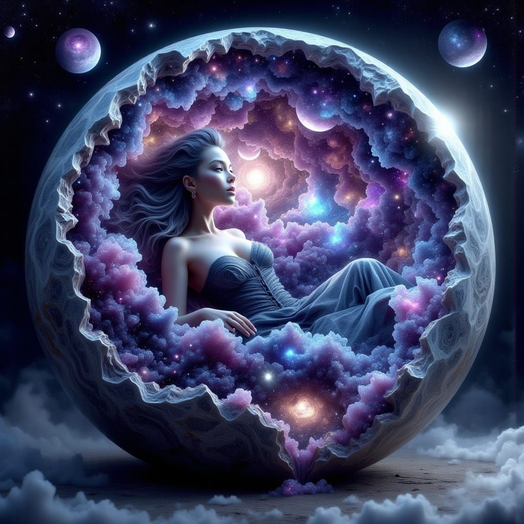 Cosmic Goddess Emerges from Geode Planet in Fantasy Art