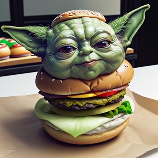 Master Yoda's head placed inside a hamburger. AI Generated Artwork