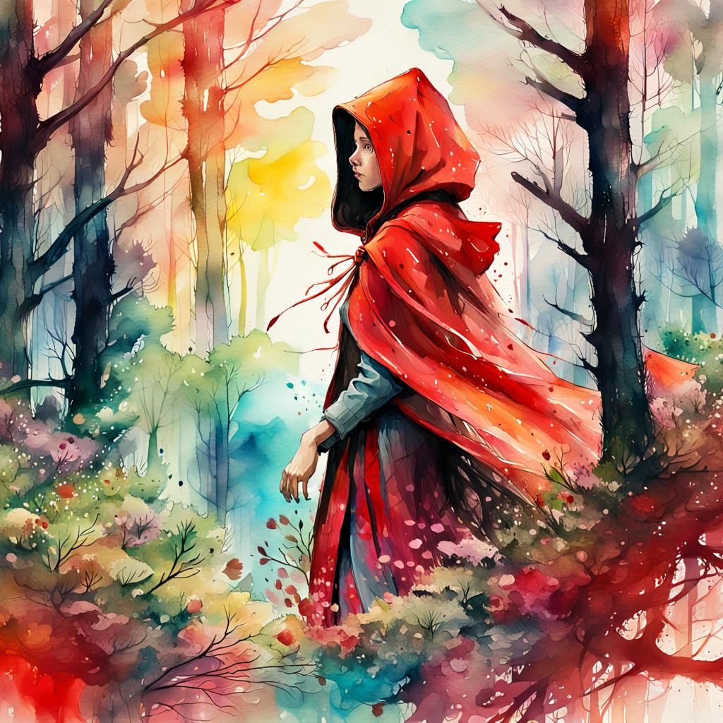 Red Riding Hood in a Surreal Watercolor Forest