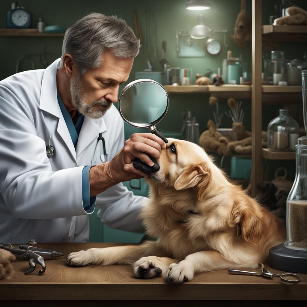 A dedicated veterinarian carefully examining a dog's tail th...