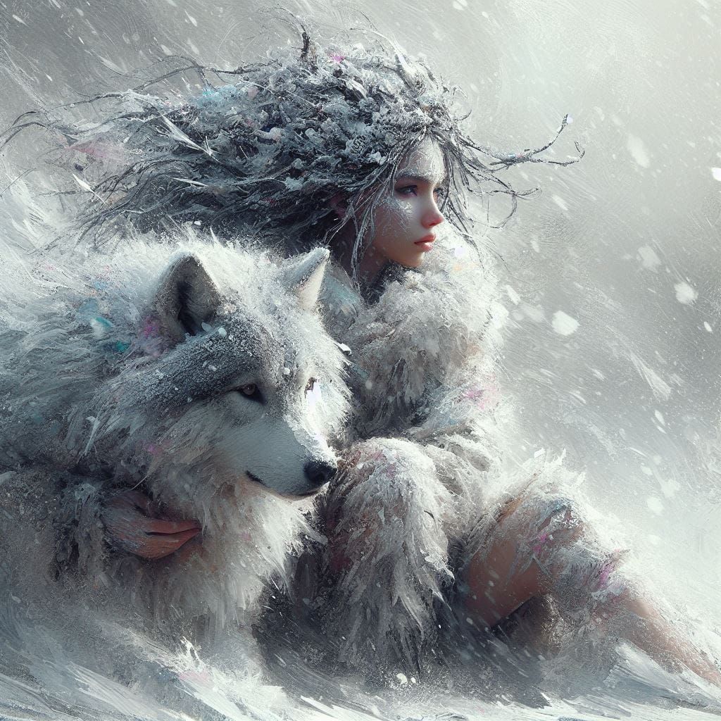woman in snowstorm with her wolf  by @1ENIGMA