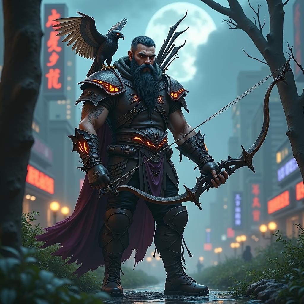 cyberpunk 2099 blade runner 2049 neon half orc ranger male with beard detailed clothing including longbow and falcon 8k resolution holograph...