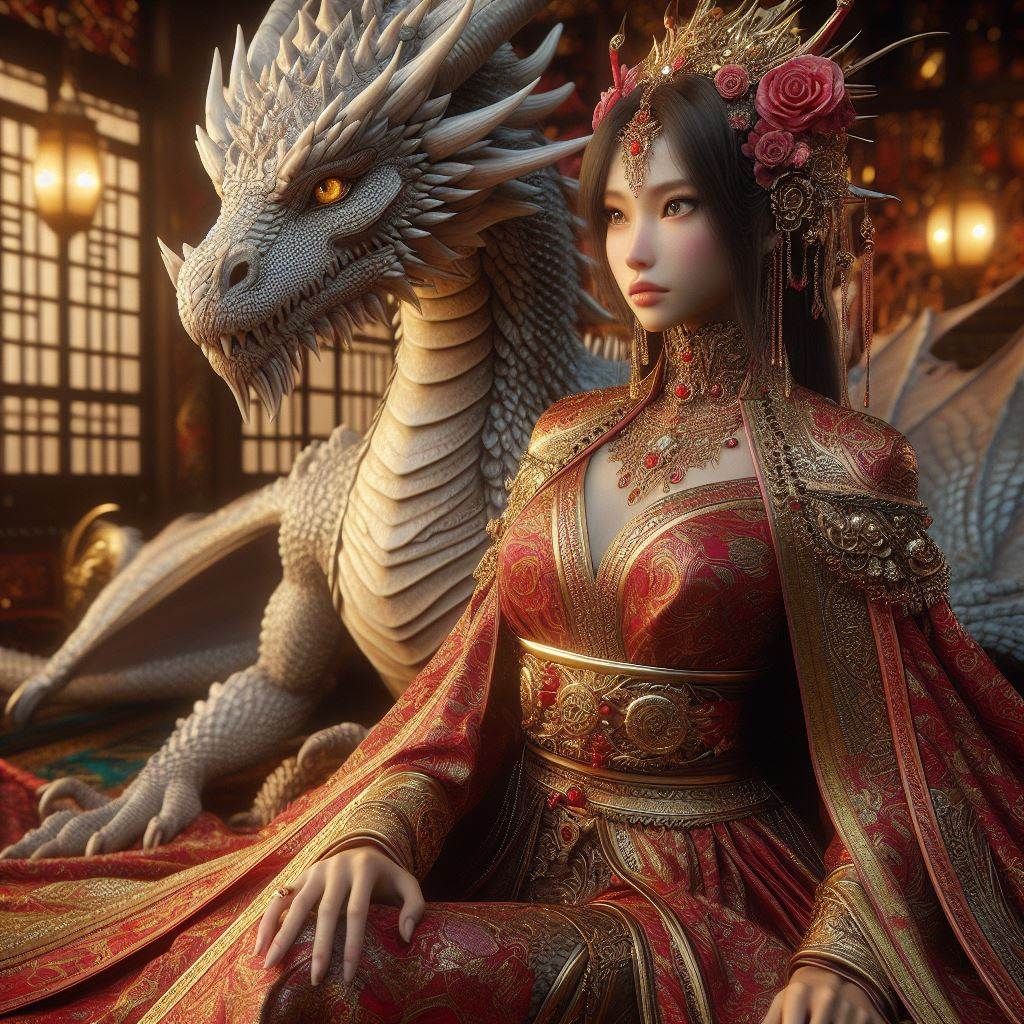Chinese Maiden with her Guardian Dragon