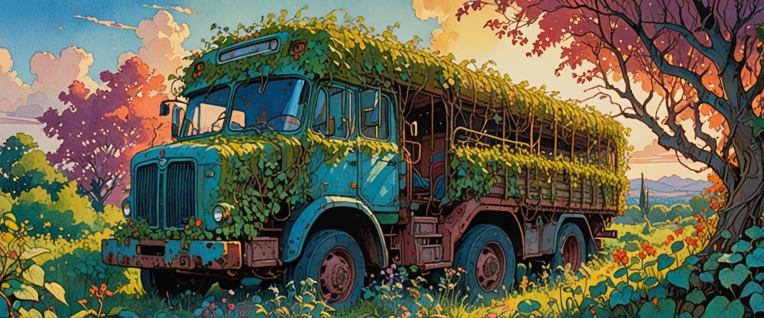 rusty old truck covered in vines, light, bright, cheerful, clear early morning sunlight, beautiful sky, plants, flowers, watercolor, gouache...