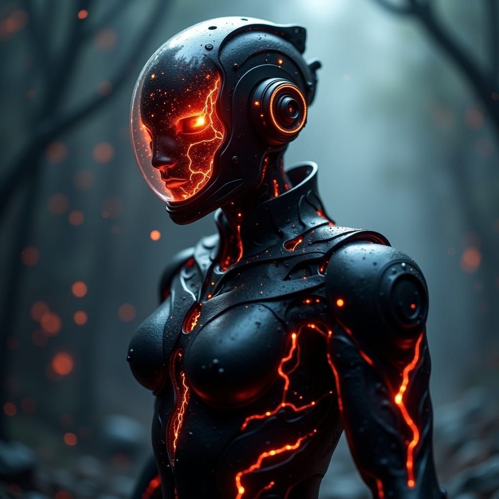 The image showcases a futuristic cybernetic figure, similar to a sci-fi or cyberpunk warrior, with intricate bio-mechanical armor and a helm...