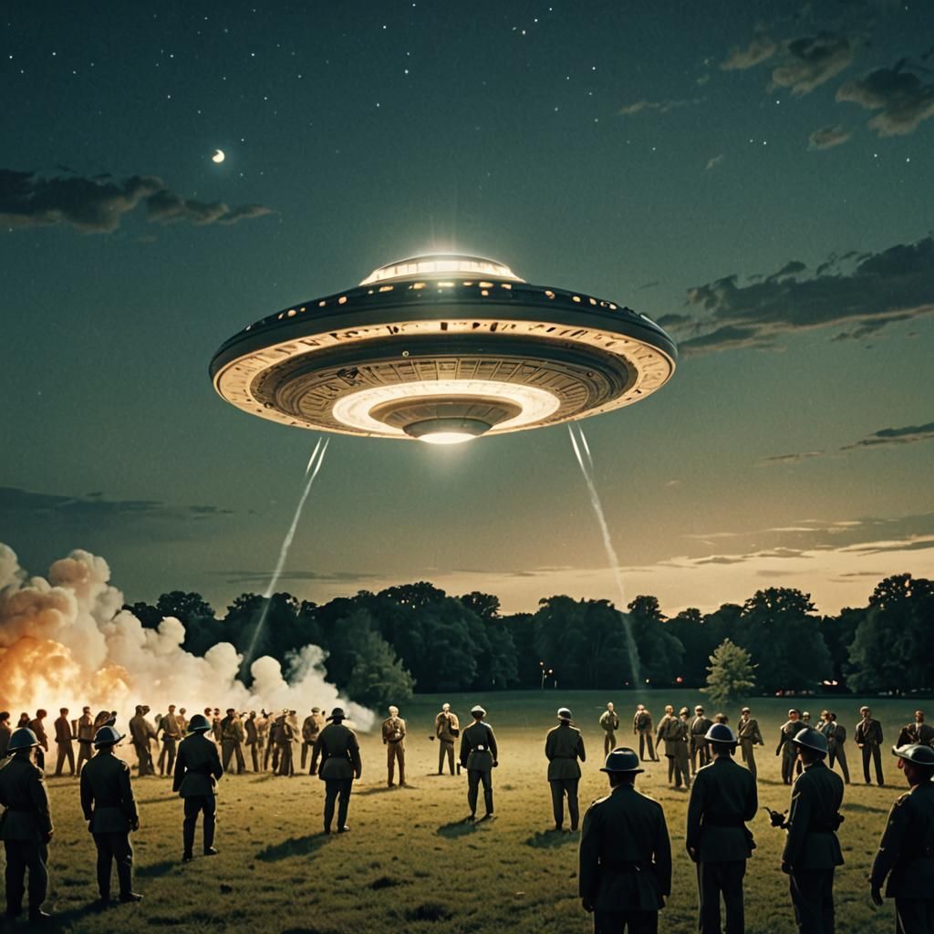 1950s style circular UFO landing at Washington DC surrounded...