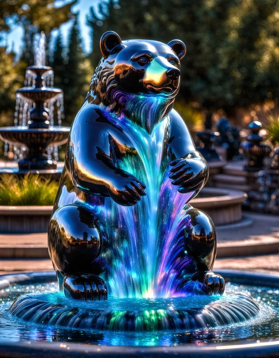 Sparkling fuzzy jet-obsidian Obese Bear Fountain, pouring all reflecting an iridescent Opalescent dichroic lightning fla...