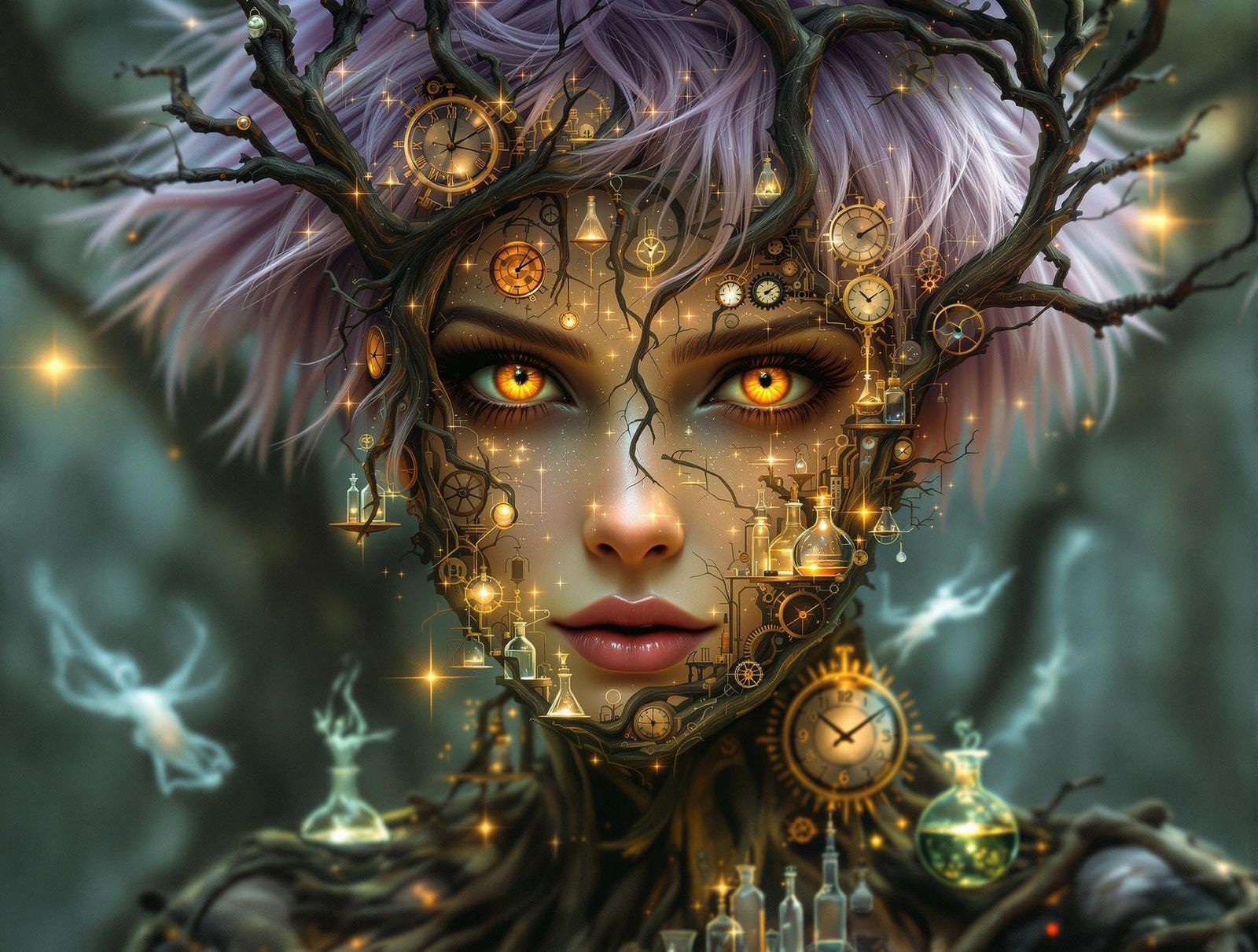 Imagine a double exposure of a gothic fairy's face, her short, spiky lavendar hair and piercing amber ...  by @K J Baker