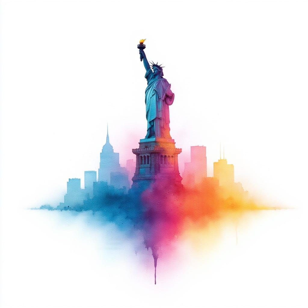 <lora:Watercolor on White:1.3>  Watercolor painting On White background, the statue of liberty over Manhattan dissolving into watercolor sou...