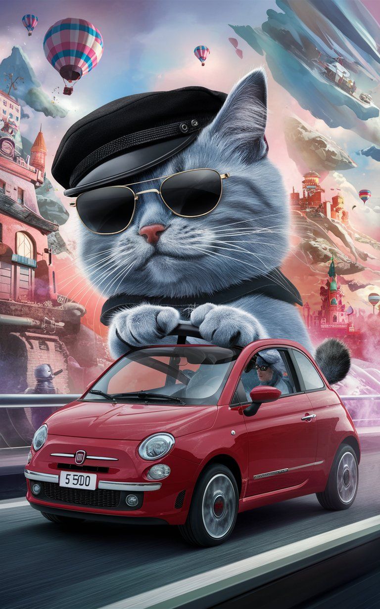 russian blue cat ride her Fiat 500