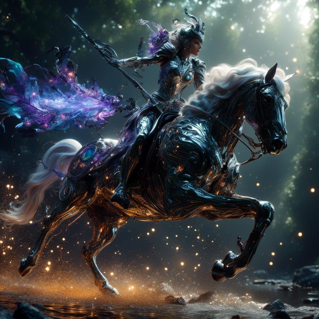 <lora:Fantasy x SF:1.0> very wide view of medieval warrior rider charging, magnificient, reflection,Iridescent opalescent, Black and silver...
