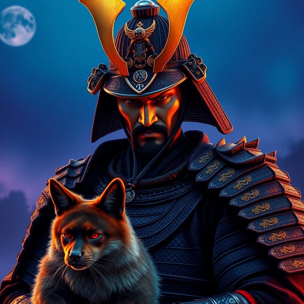 A detailed image of a samurai with his pet, 9k resolution, u...