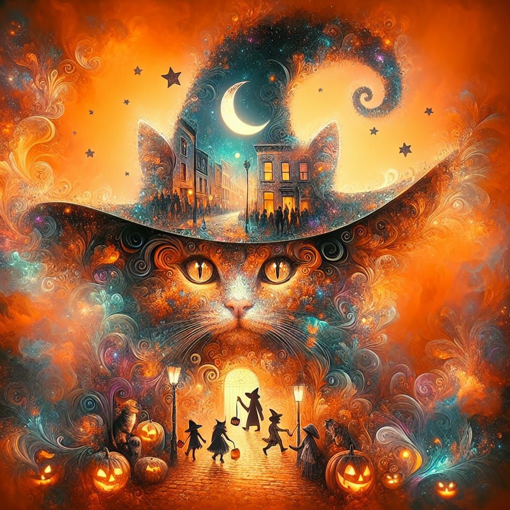 a double Exposure Cat with a witch hat and a halloween scenery.  by @Ylona