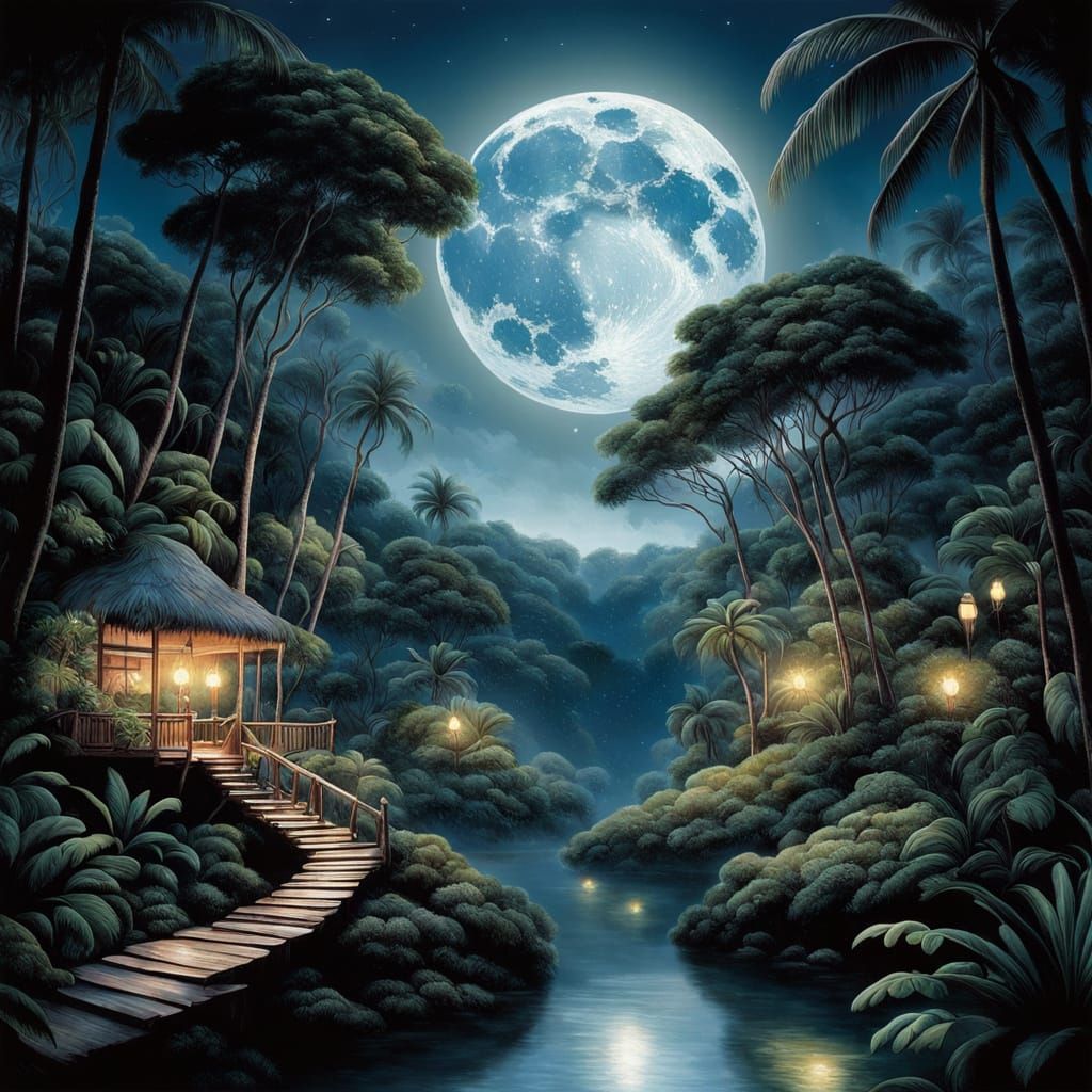 Moonlit Tropical Paradise with Enchanted Creatures