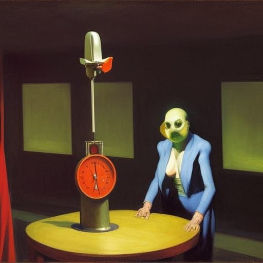a robot holding scales is weighing decepated heads, art by E...