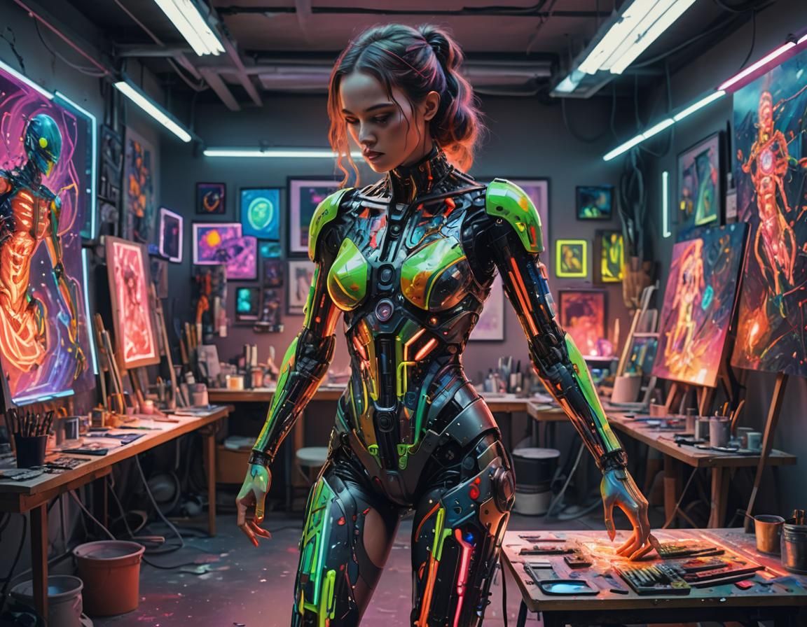A android woman painter her body is intricate parts fused together, full body shot in a art studio science fiction paint...