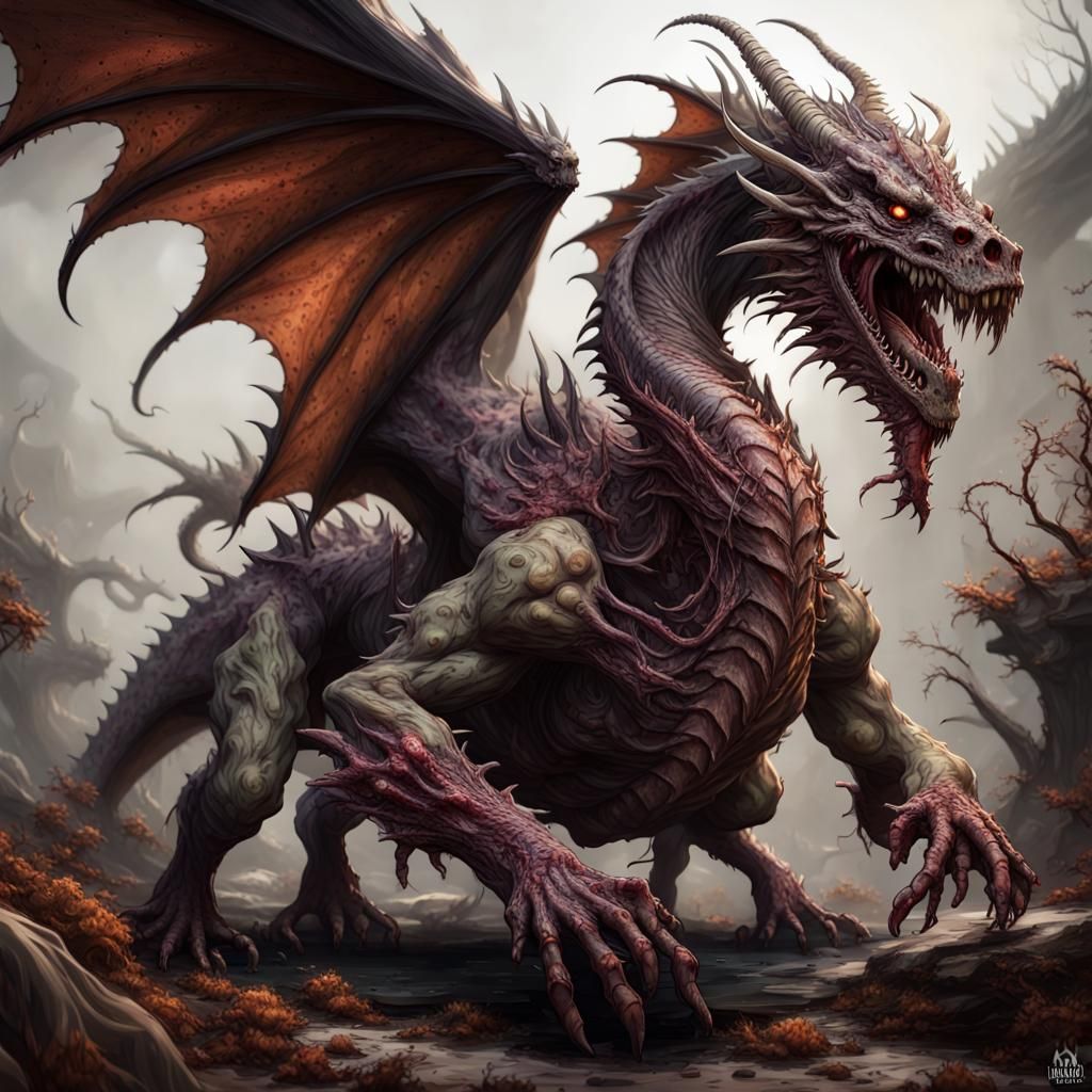 a zombie dragon made up of multiple rotting bodies with many smaller ...