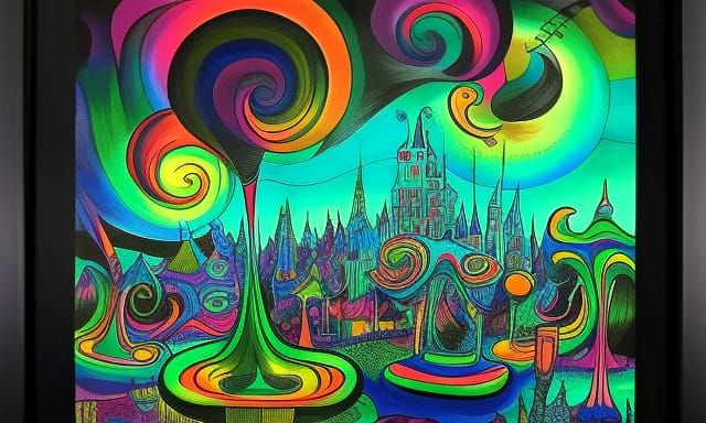 City lights, Tim Burton deep color psychedelic art undergrou...