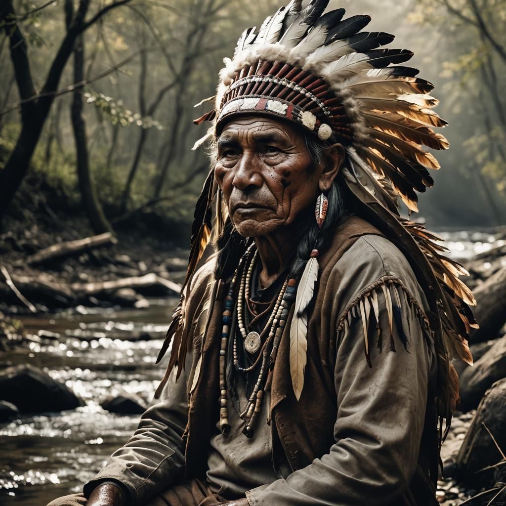 great indian chief sitting by stream with wolf