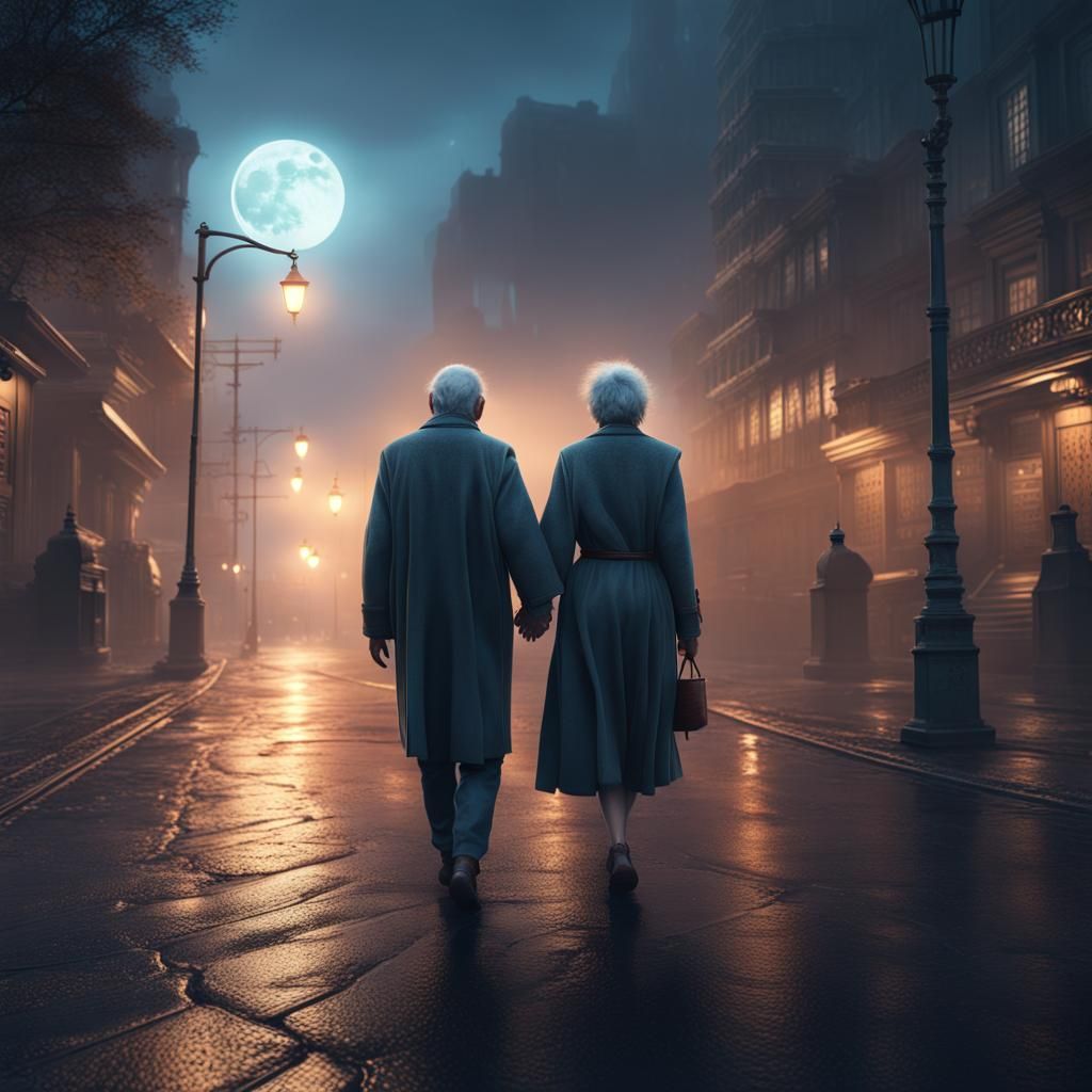 and old man and woman holding hand walking on a city street ...