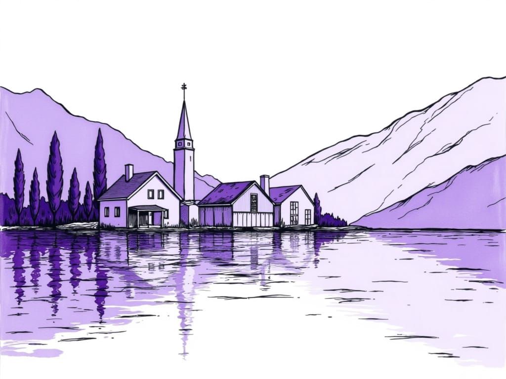 a cozy village by the lake, monochrome in hues of purple, line drawing, abstract minimalism <lora:Abstract minimalism:1.0> 