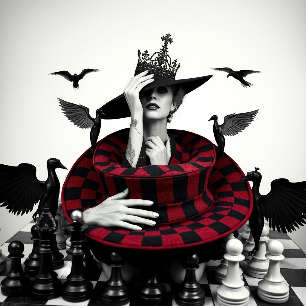 Chess game  of a hat, large Victorian wide broker hat  on a ...