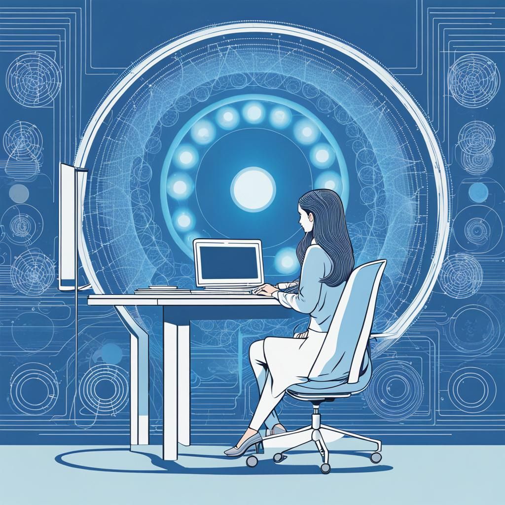 Woman at Computer Surrounded by Glowing Symbols