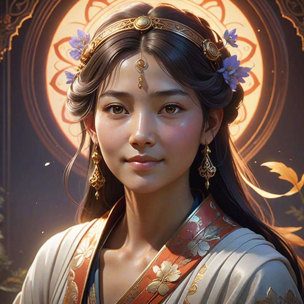 Ethereal Sage Emits Calm Aura in Vibrant, Dreamlike Setting