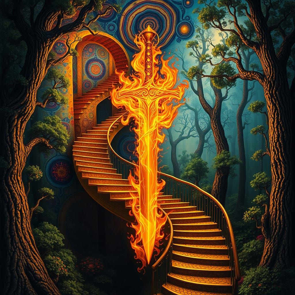 spada di fuoco psichedelica nella foresta in stile hieronimous bosh inserita nella scalinata dorata in ...  by @Maurizio