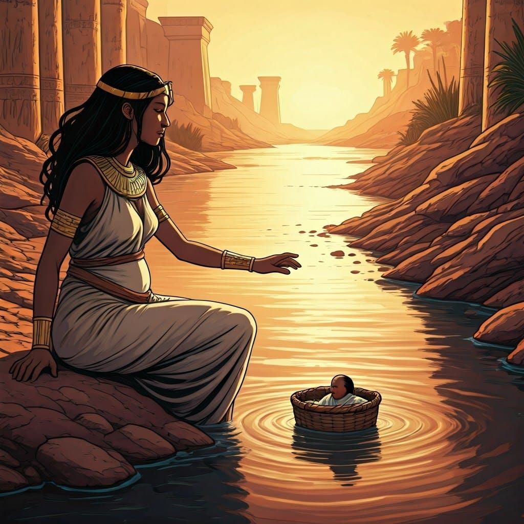 Ancient Egyptian Princess Sits on Riverbank, Hand Reaching f...