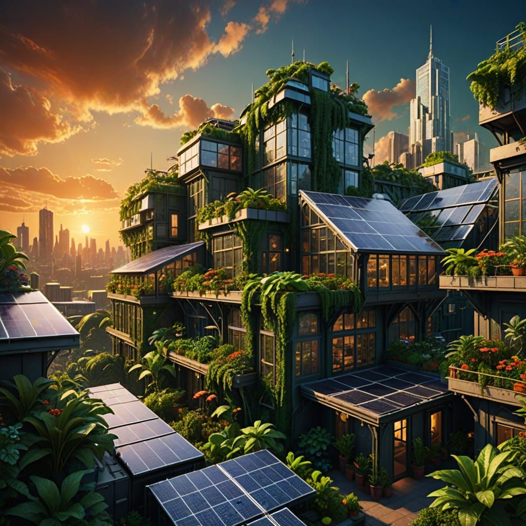 Solarpunk architecture. A lush rooftop garden city powered by solar panels. Lush greenhouses covered ...  by @Fungidelight
