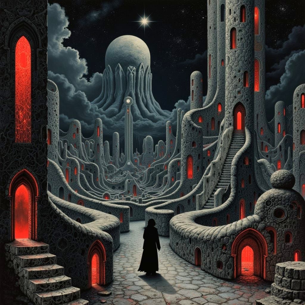 Figure in Labyrinth Under Starry Night Sky