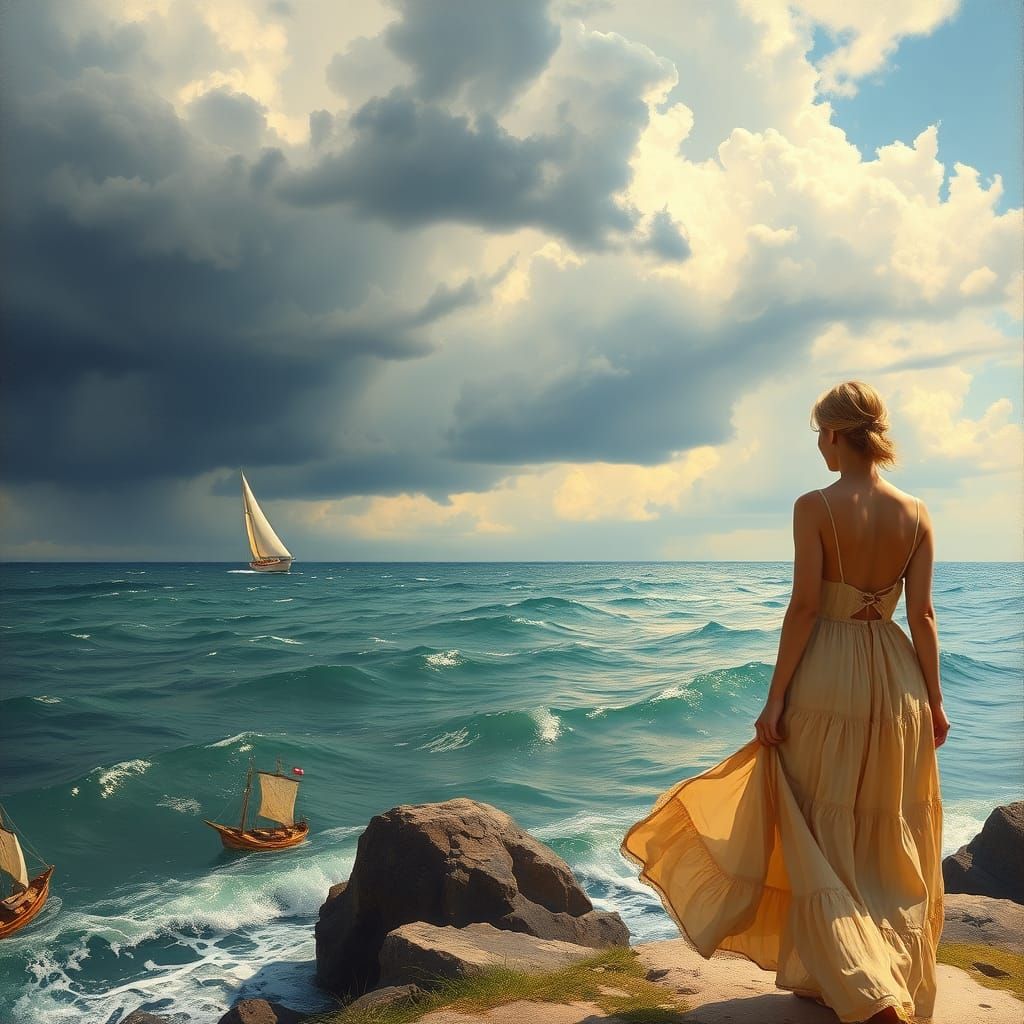 ein heisser sommertag am meer am horizont zieht ein sturm mit gewitter auf in der ferne ist ein seegelschiff ...  by @Frau beate sack