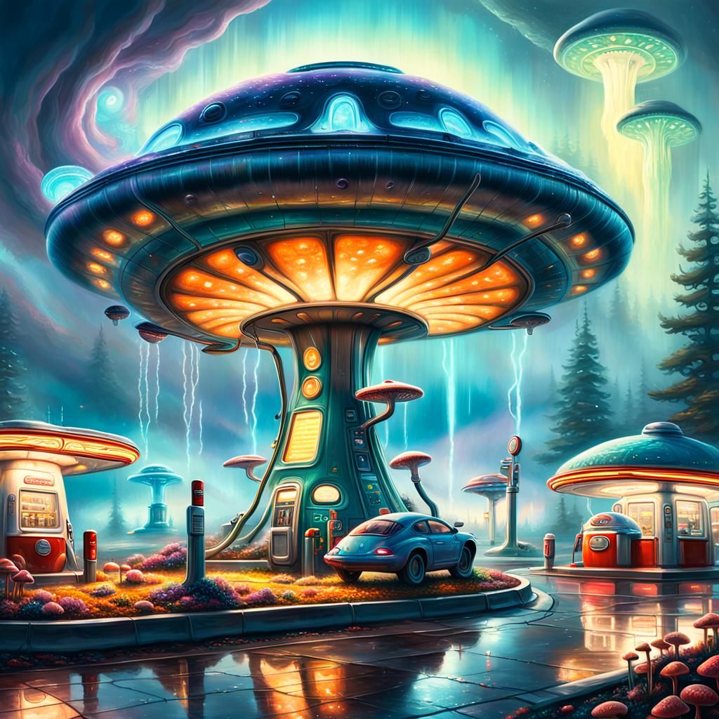 alien futuristic mushroom cap gas station for alien travelers  by @Barabashka