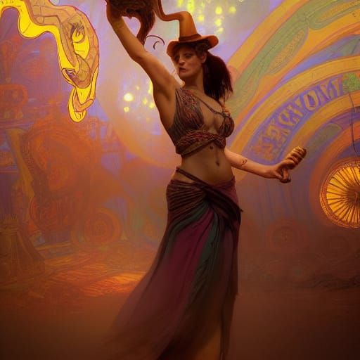 woman dancing with snake at a freakshow circus