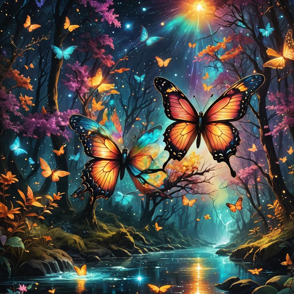 A glowing butterfly flying in a cosmic forest