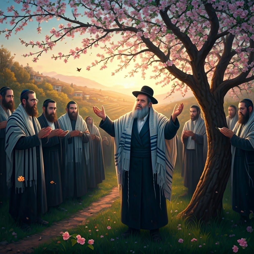 Rabbi in Lush Orchard, Birkat Ha'Ilanot Blessing, Jewish Tra...